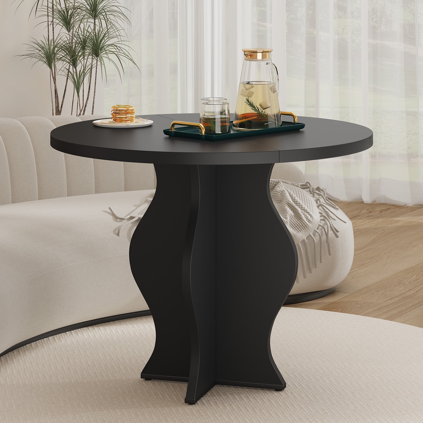 31.5 Inch Small Round Dining Table for 2, Modern Farmhouse Wood Kitchen Table, Rustic Black Circle Dining Room Table with Pedestal Base for Kitchen and Dining Room Furniture