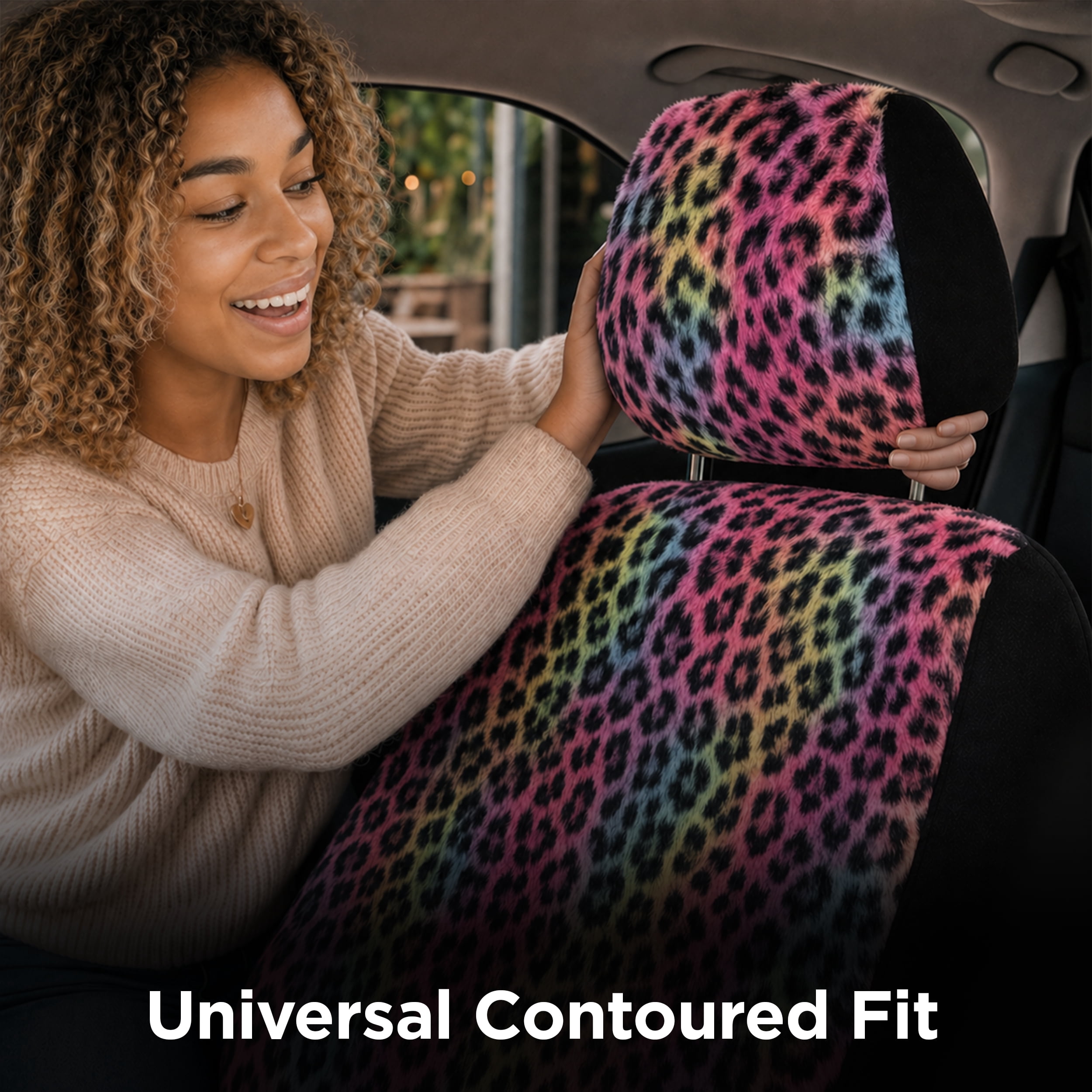 Auto Drive 2-Piece Fur Leopard Seat Covers for Cars, SUVs, and Crossovers, Multicolor