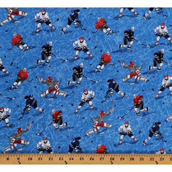Cotton Hockey Players Winter Sports Athletes Cracked Ice Blue Cotton Fabric Print by the Yard (91700)