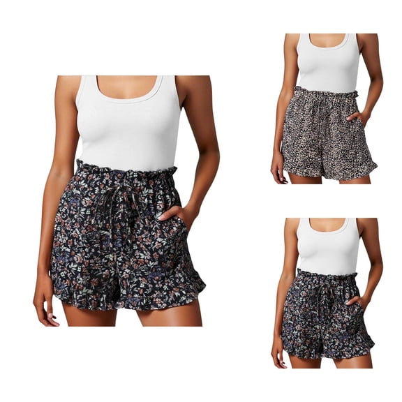 Casual Shorts for Women 2026 Summer Elastic Waist Loose Fit Wide Leg Leopard Print Beach Shorts with Pockets