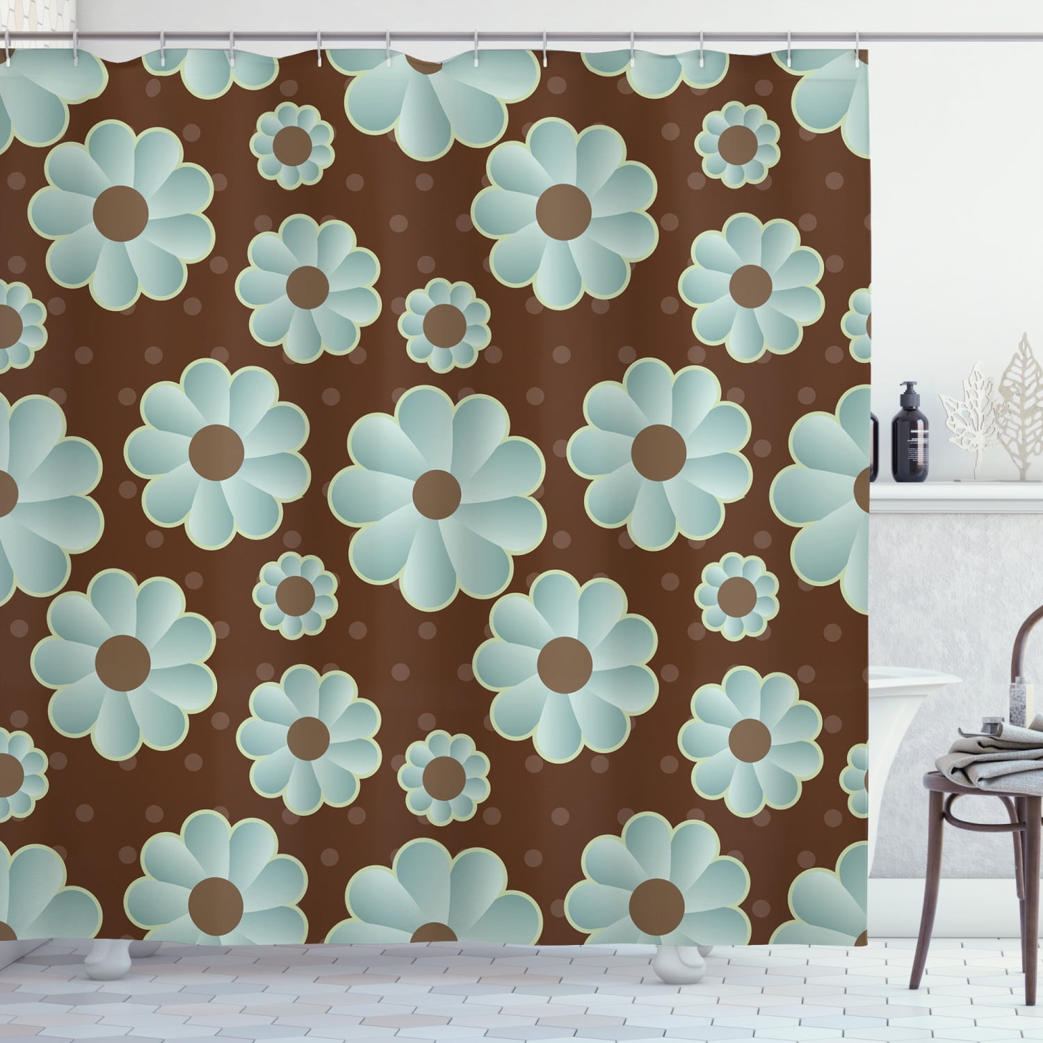 Brown and Blue Shower Curtain, Retro Daisy Pattern with Polka Dot
