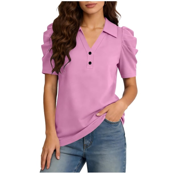 Camisetas de Manga Corta de Verano para Mujeres Moda Pullover de Color Sólido Botón de Solapa Botón Extraíble Camisetas de Manga Corta de Verano de las Mujeres