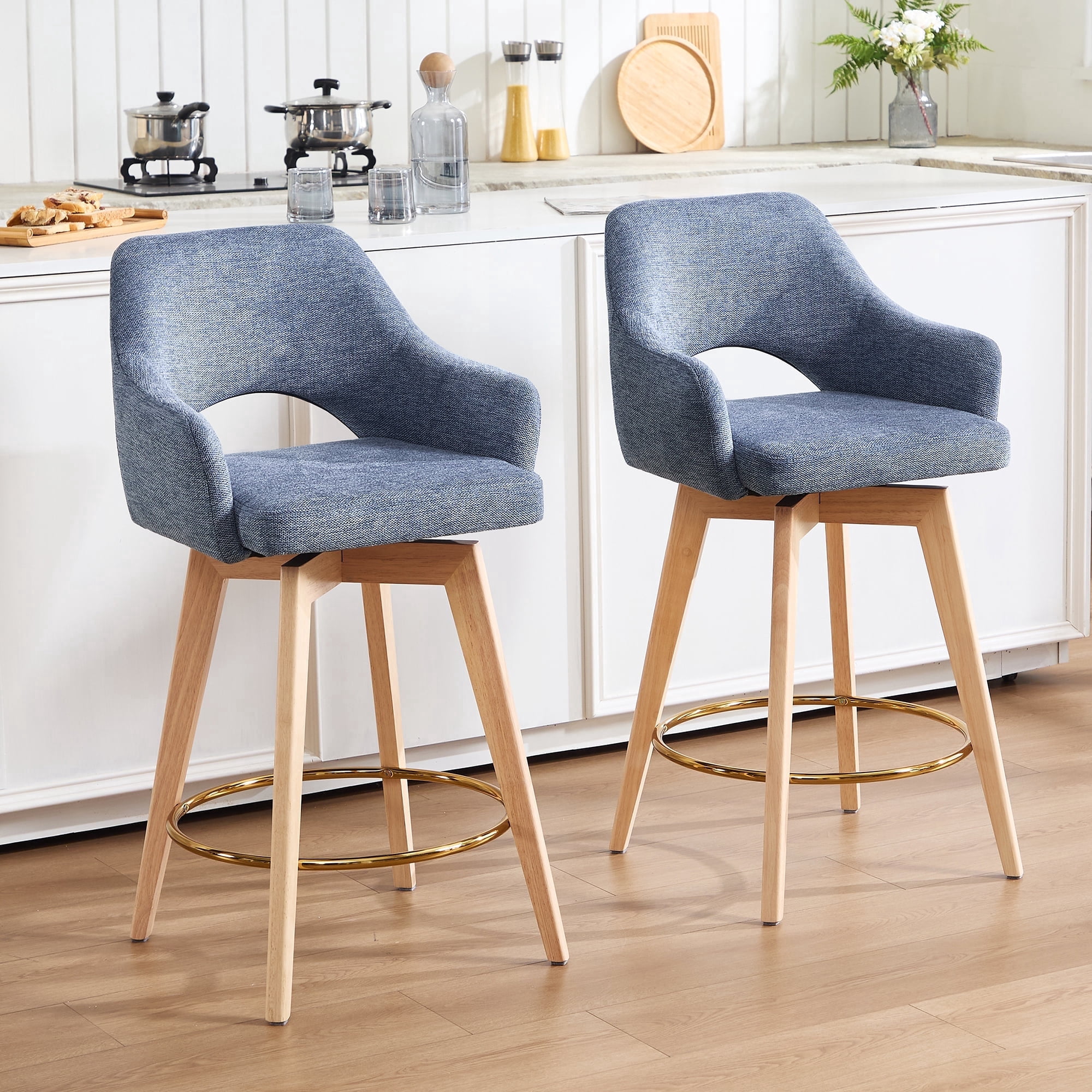 Zesthouse 26.8″ Swivel Counter Height Bar Stools Set of 2, Upholstered Linen Bar Stools with Back and Wood Legs, Mid Century Modern Barstool Island Chairs for Kitchen Counter, Blue