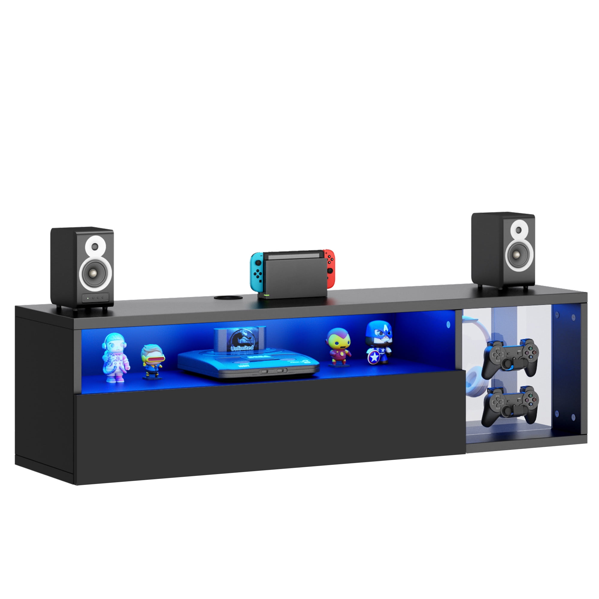 Soges 39" LED Floating TV Stand Entertainment Centre, LED Media Console TV Cabinet with 2 Headphone & 4 Gaming Handle Hooks, Wall Mounted TV Table with Cable Management, Black