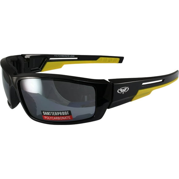 Global Vision Sly Padded Motorcycle Sunglasses Gloss Black Frames with Yellow Double Injection Rubber on Temples Flash Mirror Lenses