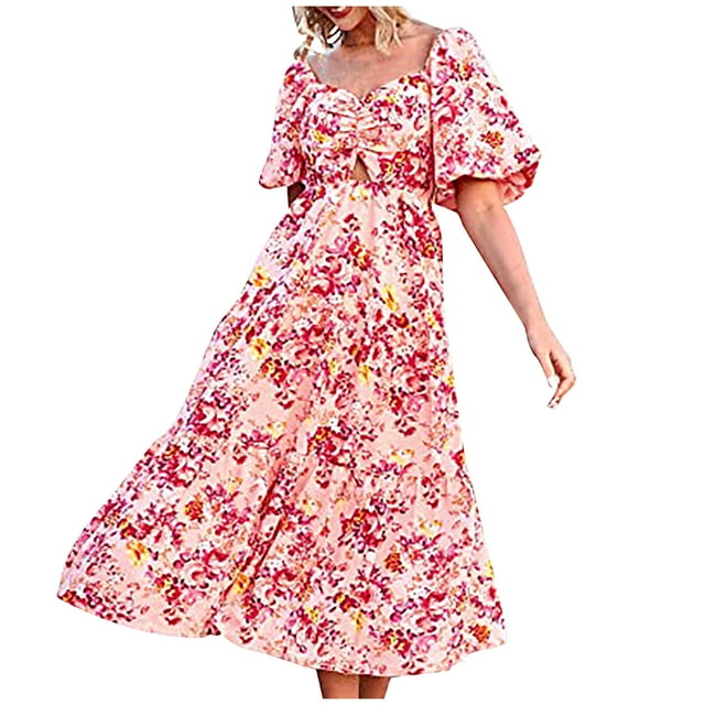 QIPOPIQ Robe Maxi pour Femme Plage Élégante à Manches Courtes Robes Décontractées Robes Fluides d'Été Robe à Étages Plage Encolure Carrée Dos Smocké Bouffant Boho Floral Longue Robe Maxi Offres 2023