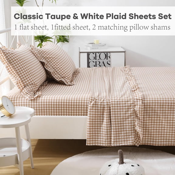 Taupe White Plaid Ruffle Sheets Queen Size 4-Piece Set, 300TC Yarn Dyed Washed Cotton Checker Sheets 18'' Deep Pocket Farmhouse Gingham Decorative Bedding