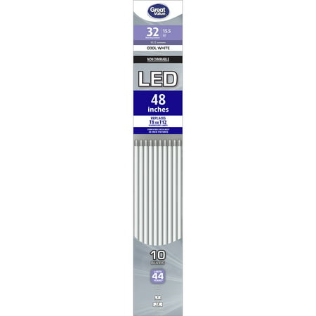 Great Value LED Light Bulb, 17W (32/40W Equivalent) T8/T12 Fluorescent Lamp G13 Base, Non-Dimmable, Cool White, 48-Inches,