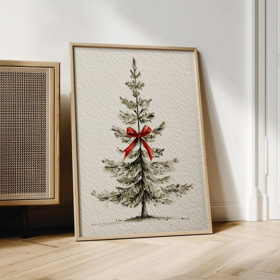 Christmas Tree with Red Bow, Vintage Christmas Home Decor, 24x36 UNFRAMED