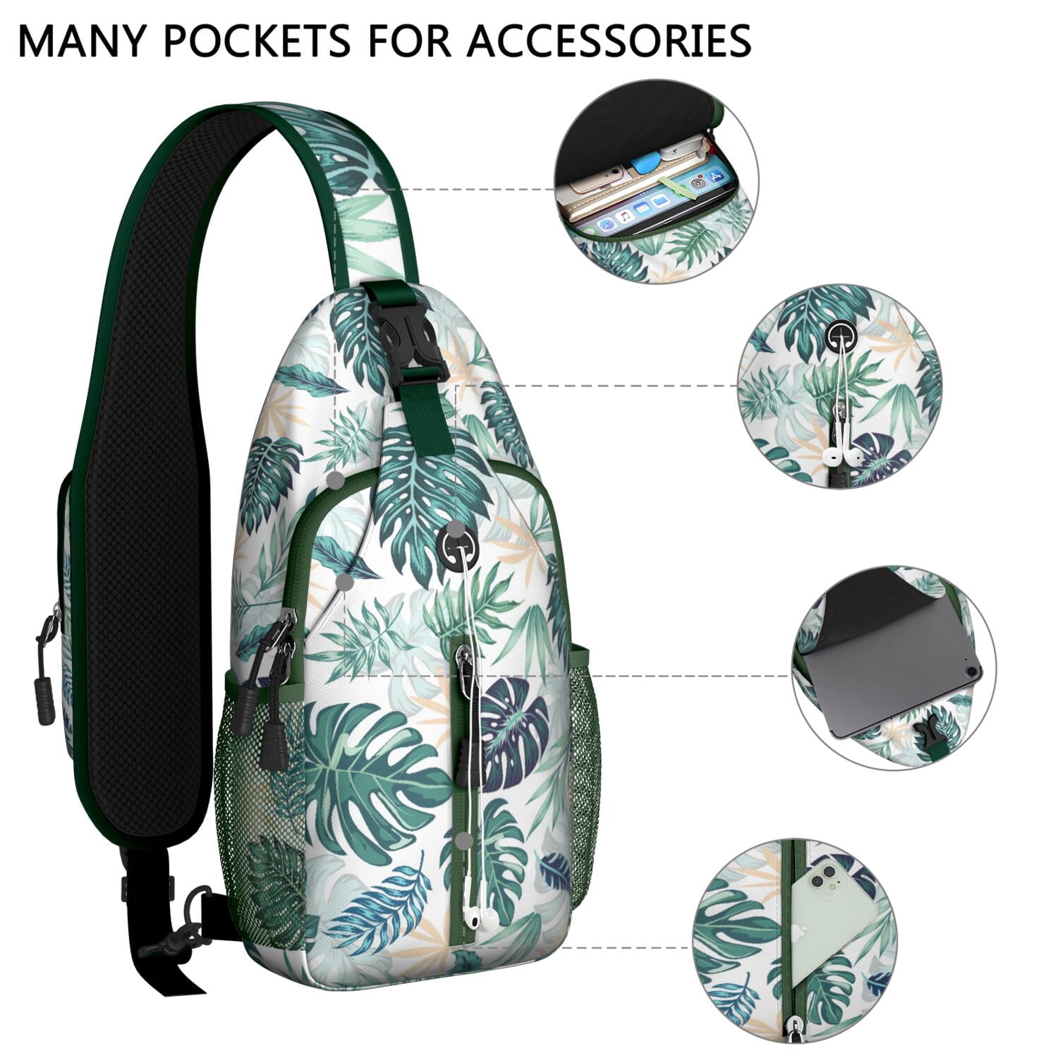 Earthy Floral Hippie Sling Backpack for Women Men – Secure zipper pockets, Stretch mesh side pocket, Large front zip pocket – Vintage Artistic Rustic Design for Travel, Hiking, Outdoor