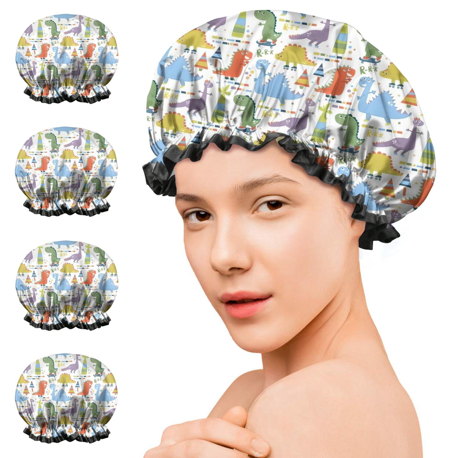 Shower Caps,Colorful Dinosaurs Skating Pattern Waterproof Shower Cap for Women 4 Pieces,Double Reusable Hair Cover for Shower PEVA Elastic Stretch Hem