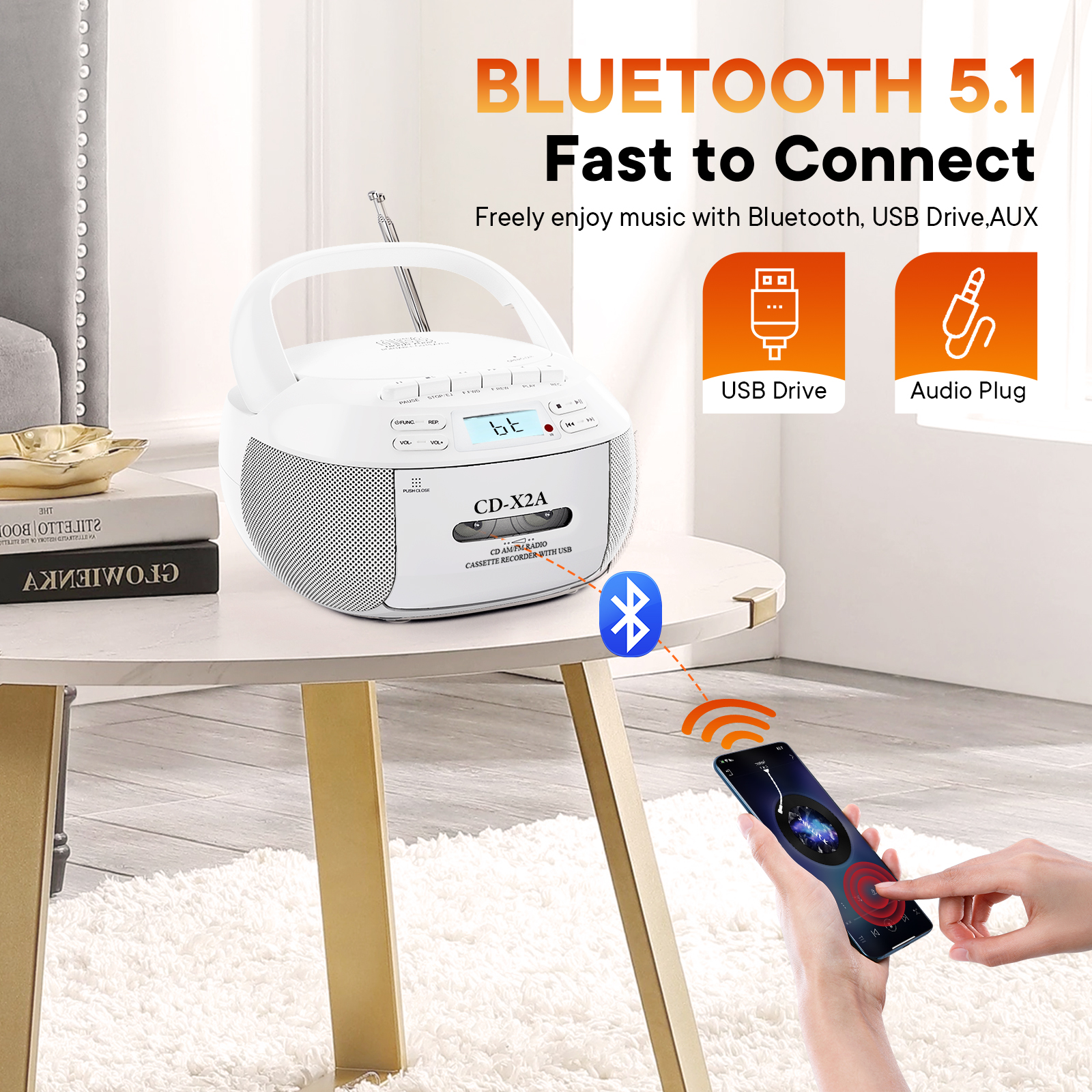 KUEPHOM CD Player Boombox with Cassette, Bluetooth & Radio photo 4
