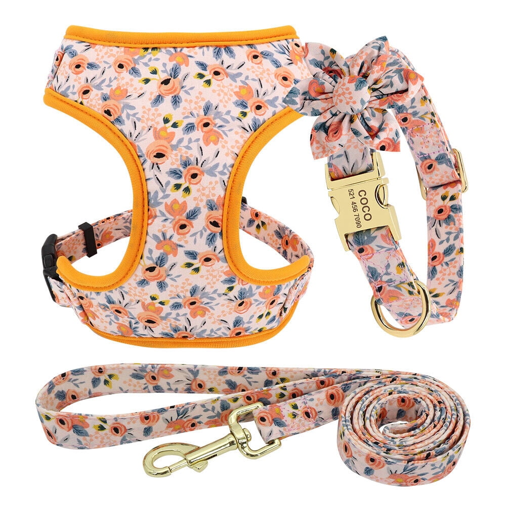 Pet Artist 3pcs Floral Nylon Dog Harness Vest and Leash and Collar set Custom Personalized for Pets