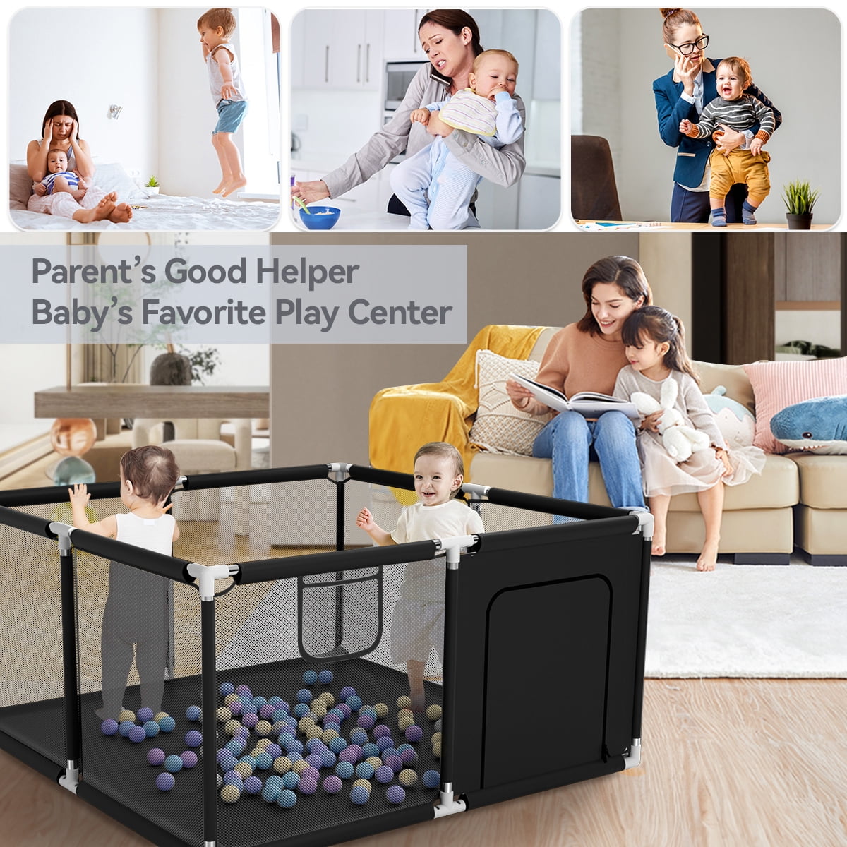 Baby Playpen, Outdoor Play Yard, Portable Play Yard 4-Panel- Baby Foldable Safety Playpen for Infant Toddler, Black