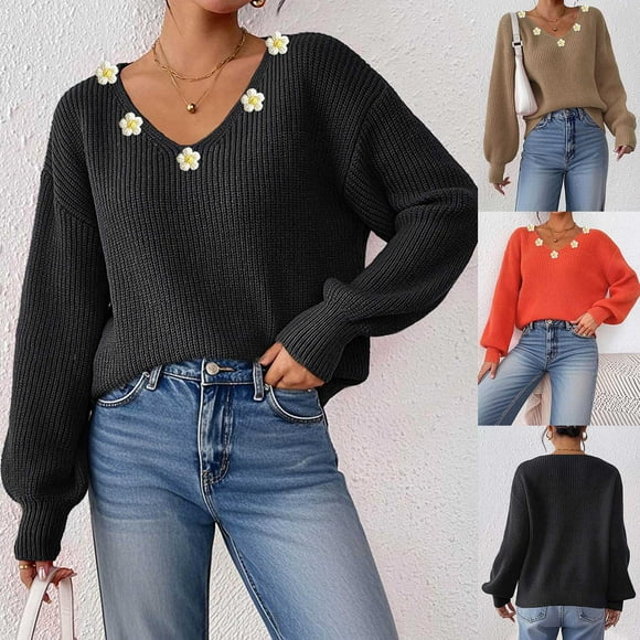Sentmoon Pullover Sweaters for Women V Neck Breathable Sweatshirt Embroidery Oversized Loose Womens Tops Long Sleeve Trendy Winter for Birthday Parties XL