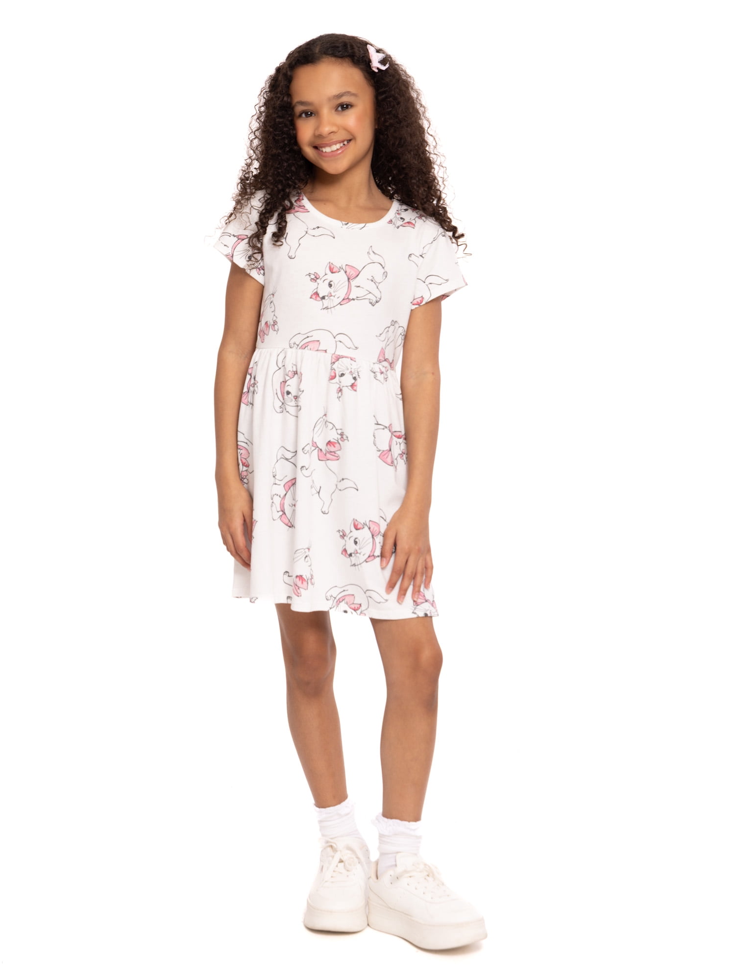 Marie Aristocats Girls Allover Print Dress with Short Sleeves, Sizes 4-12
