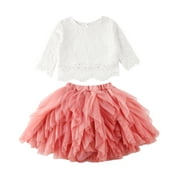 Toddler Baby Girls 2pcs Clothes Sets Lace Hollow Shirts Ruffled Tulle Tutu Skirt Princess Birthday Party Dress Outfit