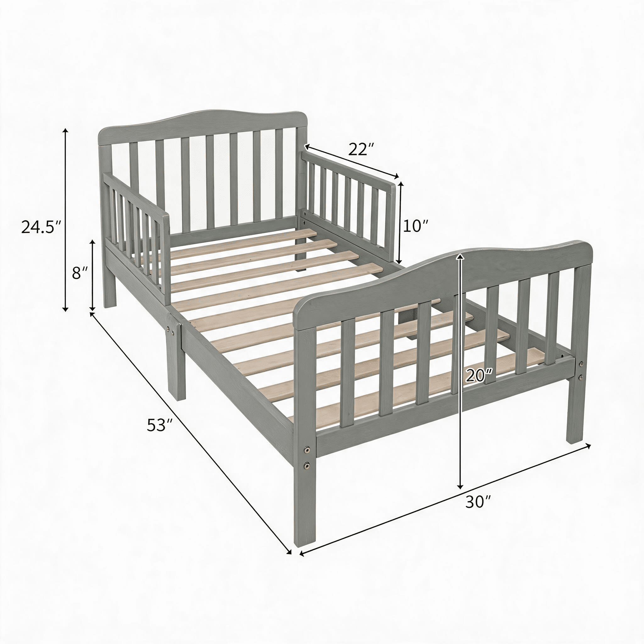 Gray Pine Wood Toddler Bed with Double Side Safety Guardrails, Low 8in Height Kids Transition Bed for Boys Girls Bedroom