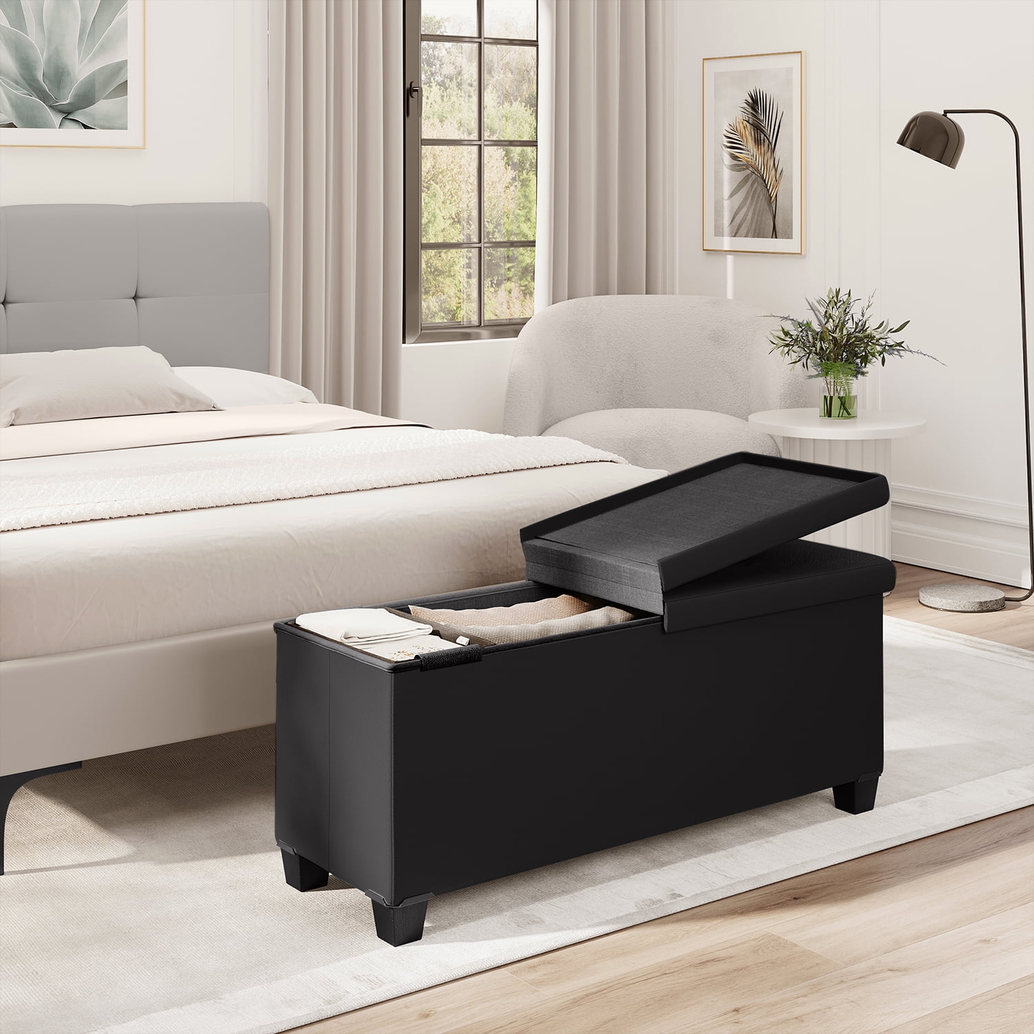 StorageBud Ottoman with Storage Bench, 43-inch Storage Ottoman, Leather, Black