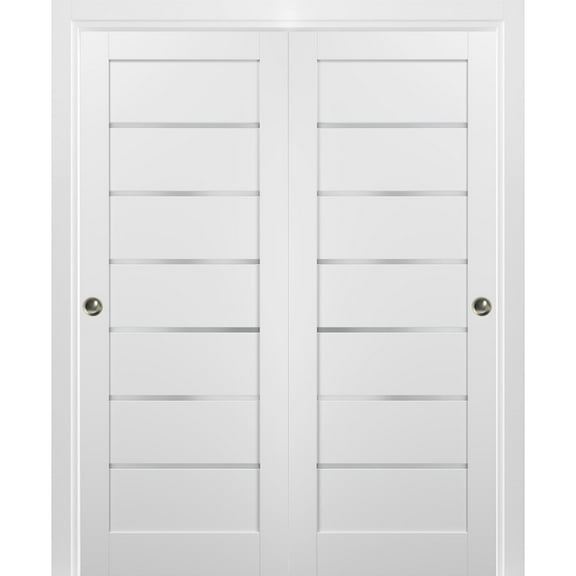 Sliding Closet Bypass Doors 48 x 80 with hardware | Quadro 4117 White Silk with Frosted Opaque Glass | Sturdy Top Mount Rails Moldings Trims Set | Kitchen Lite Wooden Solid Bedroom Wardrobe Doors