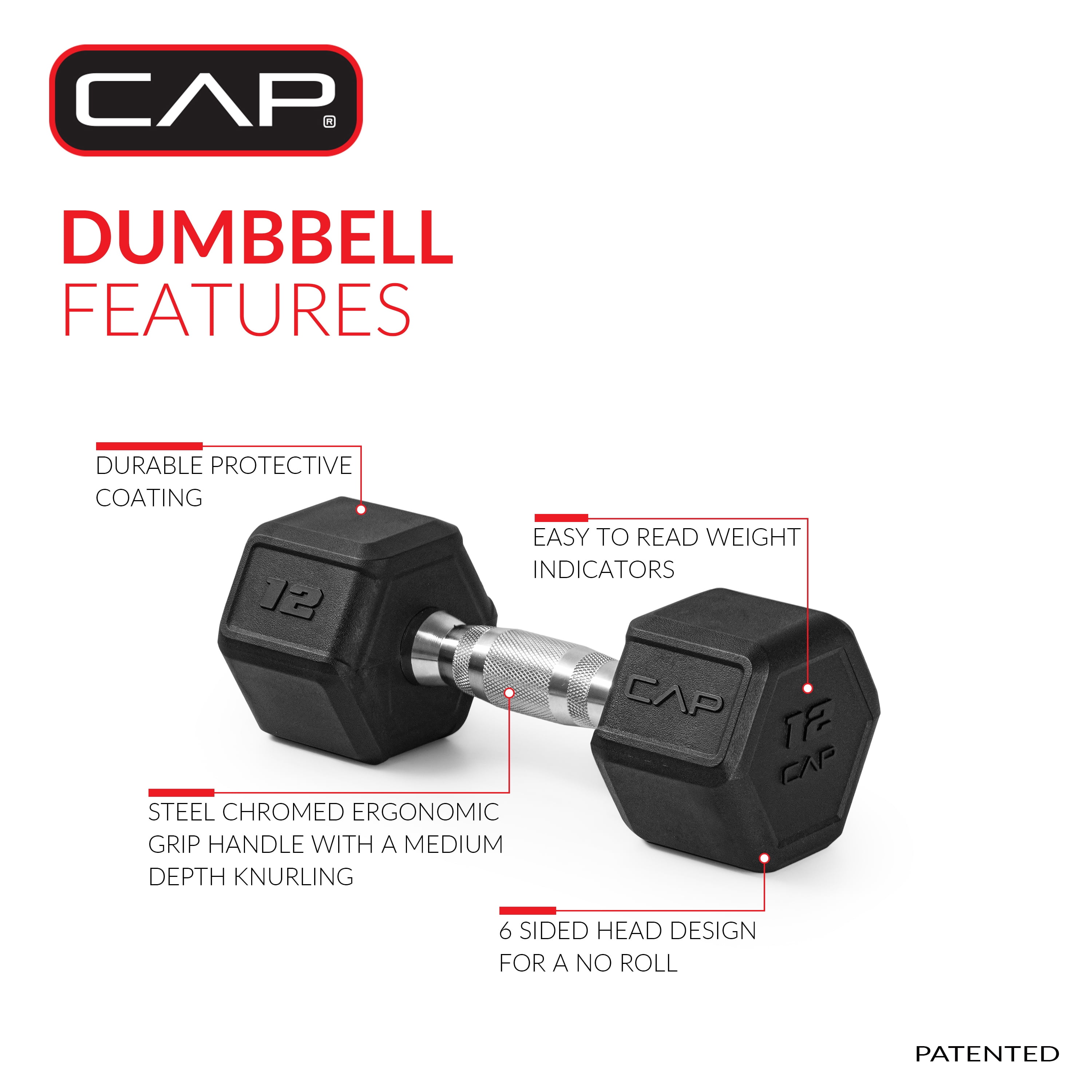 CAP 12 lb Rubber Coated Hex Dumbbell with Contoured Handle