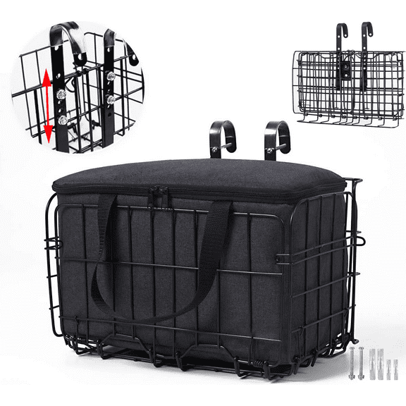 Front Handlebar Bike Basket Folding Adjustable Height with Carrier Tote Basket Liner Bag, Black