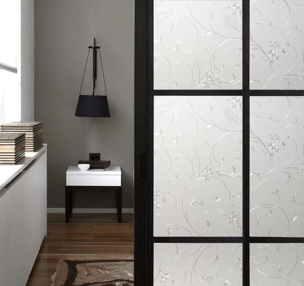 BSHAPPLUS® 17.7"x78.7" Flower Window Privacy Film,Floral Glass Window Film,Frosted Window Sticker,3D Window Decals Non Adhesive for Bathroom Living Room Office