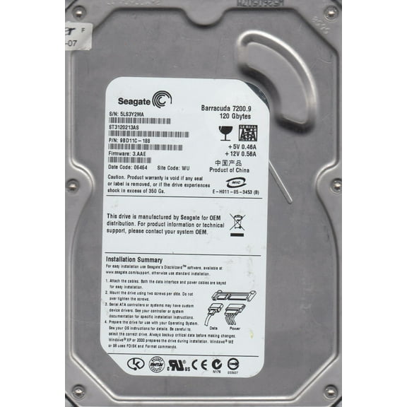 ST3120213AS, 5LS, WU, PN 9BD11C-188, FW 3.AAE, Seagate 120GB SATA 3.5 Hard Drive