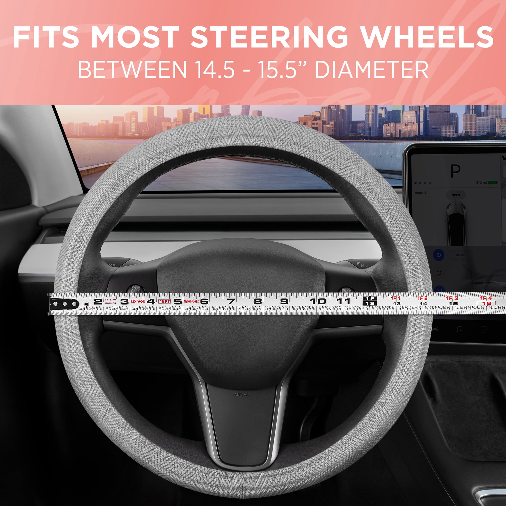 Silver Steering Wheel Cover, Standard 15 Inch Size Fits Most Vehicles, Cute Shiny Bling Car Steering Wheel Cover with Herringbone Detail, Car Accessories for Women
