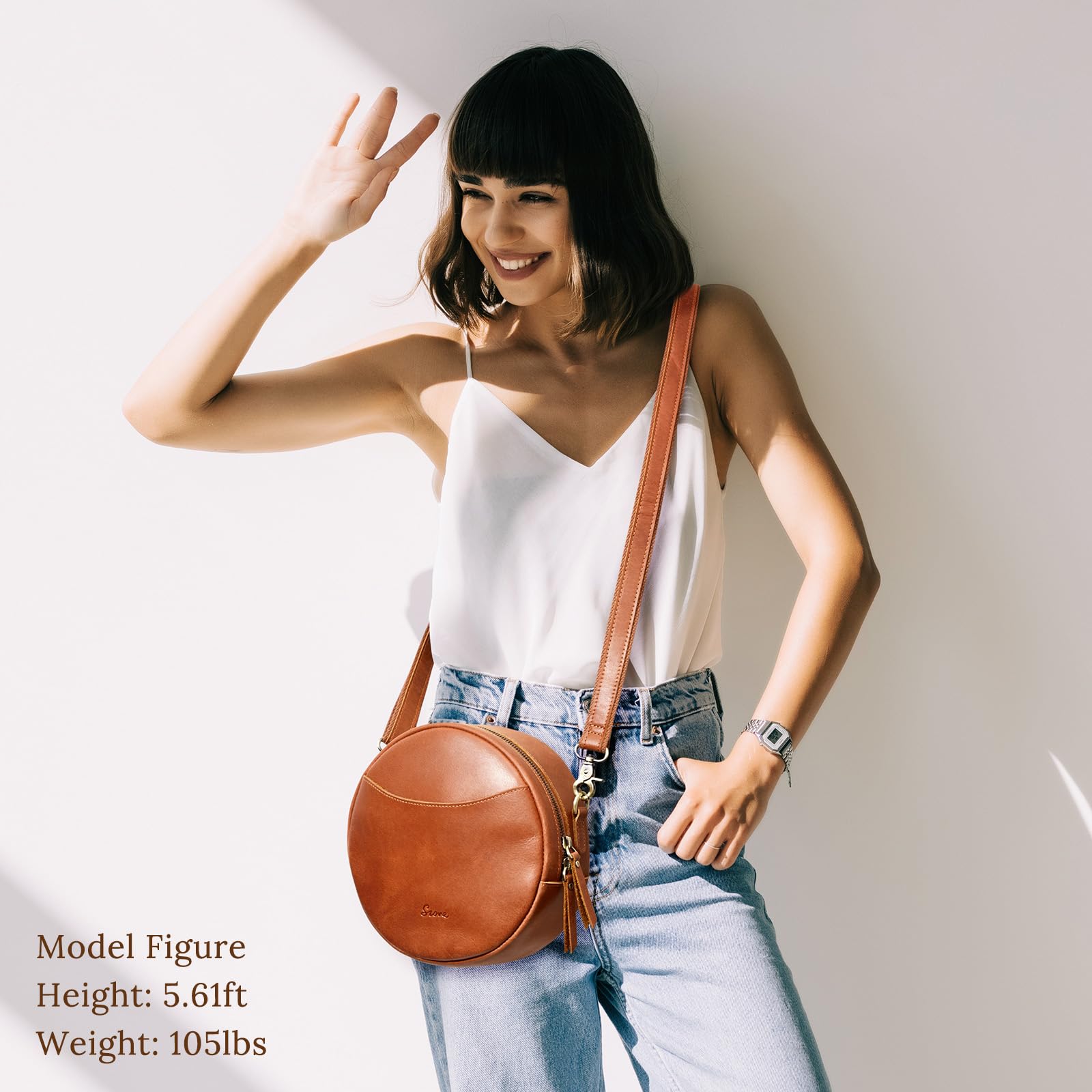 S-ZONE Leather Crossbody Bags for Women Trendy Circle Cross Body Shoulder Bag Designer Round Purses
