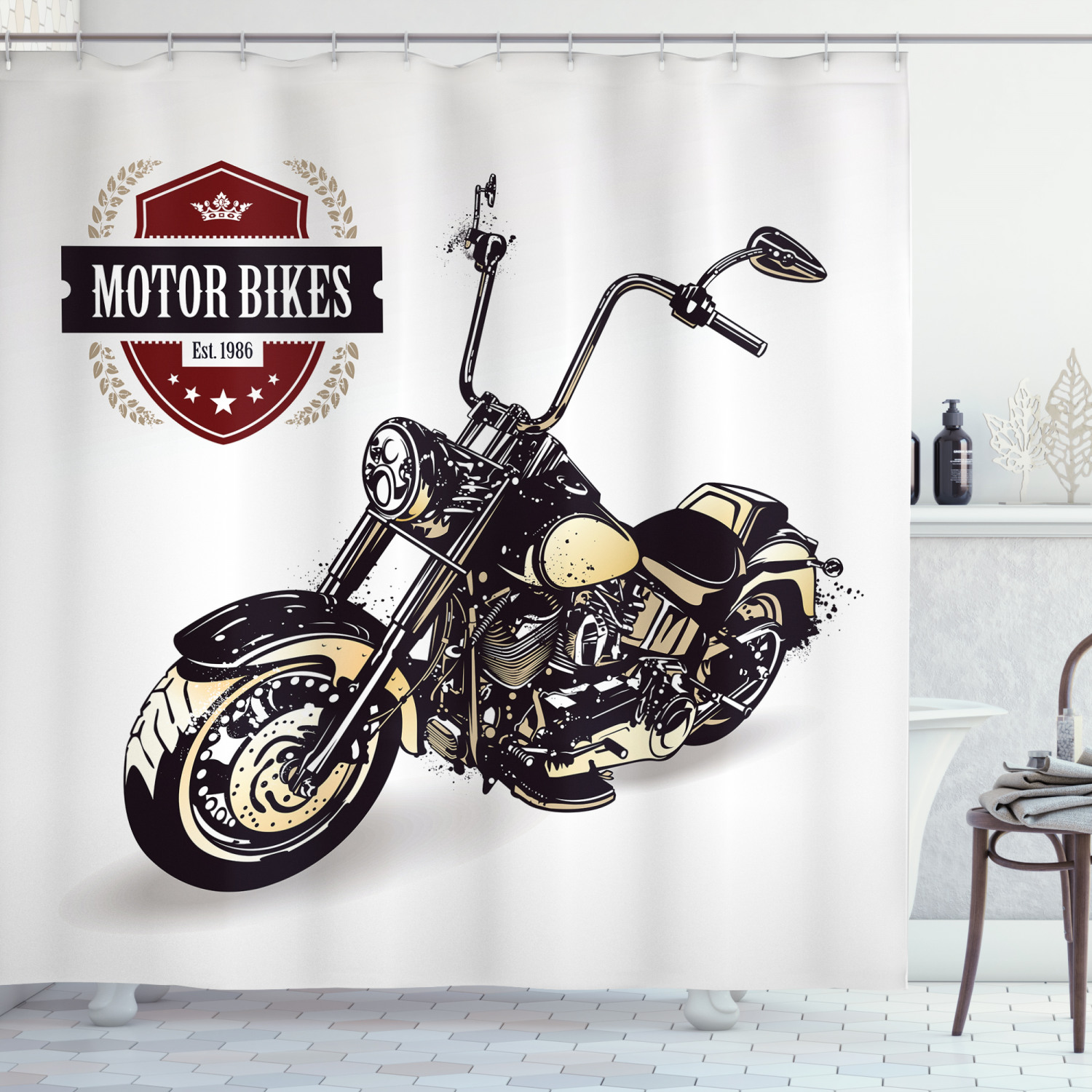Motorcycle Shower Curtain, Chopper Customized Motorcycle with Club