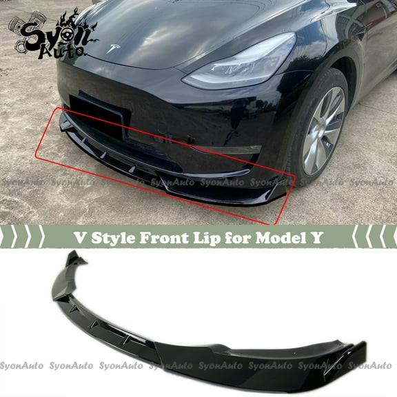 FITS 2020  TESLA MODEL Y GLOSS BLACK 3 PCS V STYLE FRONT BUMPER LIP SPLITTER KIT