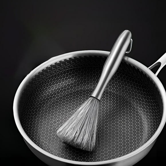 Cepillo de limpieza de acero inoxidable, de hierro fundido, para sartenes, de alta eficiencia, para lavavajillas, con mango de 15 cm (para hombres y mujeres).