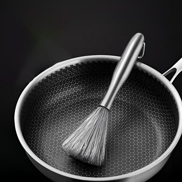 Cepillo de limpieza de acero inoxidable, cepillo de hierro fundido, raspador de lavavajillas de alta eficiencia con mango de 6 pulgadas de largo, para mujeres y hombres.