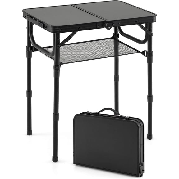 2 FT Folding Camping Table, 3-Height Adjustable Portable Picnic Table w/ Sturdy Aluminum Build, Large Storage Net & Carry Handle – Lightweight Outdoor Side Table for BBQ, Travel, Beach, Patio