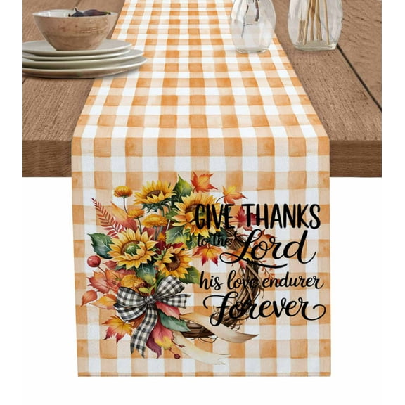 ERUNPONLY Thanksgiving Table Runner - 90 Inch Long Autumn Wreath Sunflower Plaid Orange Cotton and Linen Blended Dress Scarves Farmhouse Table Runner for Kitchen Dining, Coffee Table, 13"x90"