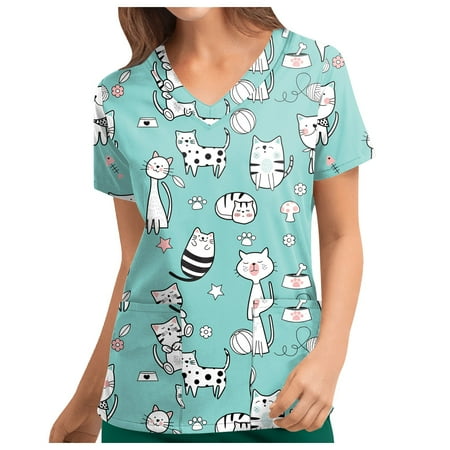 

Knosfe Scrubs with Two Pockets Uniform Shirts for Women V Neck Cartoon Pattern Short Sleeve Scrub Tops Casual Summer Blouses Shirts Sky Blue 4XL