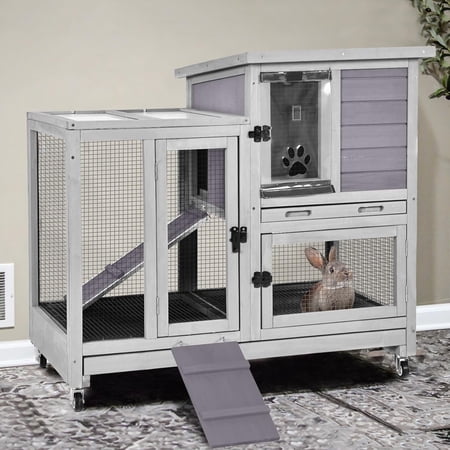 MEDEHOO 2-Story Rabbit Hutch Indoor with Chew-Proof Ramp & Slide-Out Plastic Trays - Wooden Small Animal Cage Guinea Pig Cages with Wheels for 2-4 Rabbits, Bunnies, and Guinea Pigs (Grey)