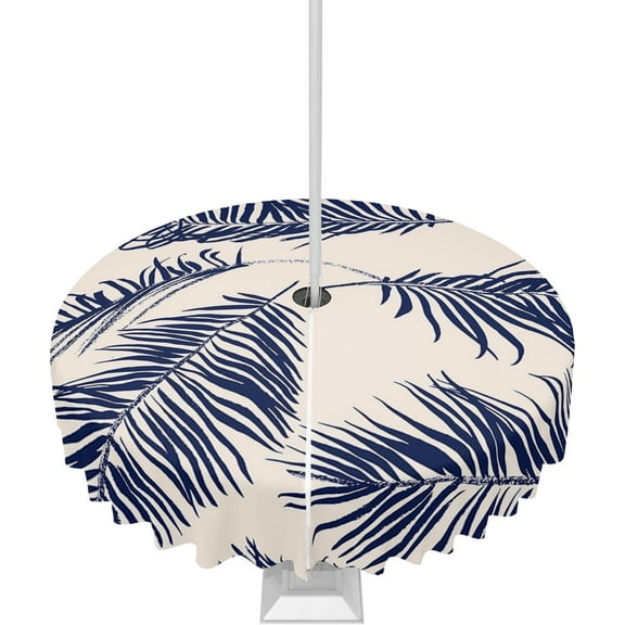 Outdoor Tablecloth Tropical Palm Round Patio Tablecloths 60 Inch, Waterproof Outside Table Cloths with Umbrella Hole and Zipper, Blue Leaves Vintage Summer Table Cover for Outdoor Tables Garden