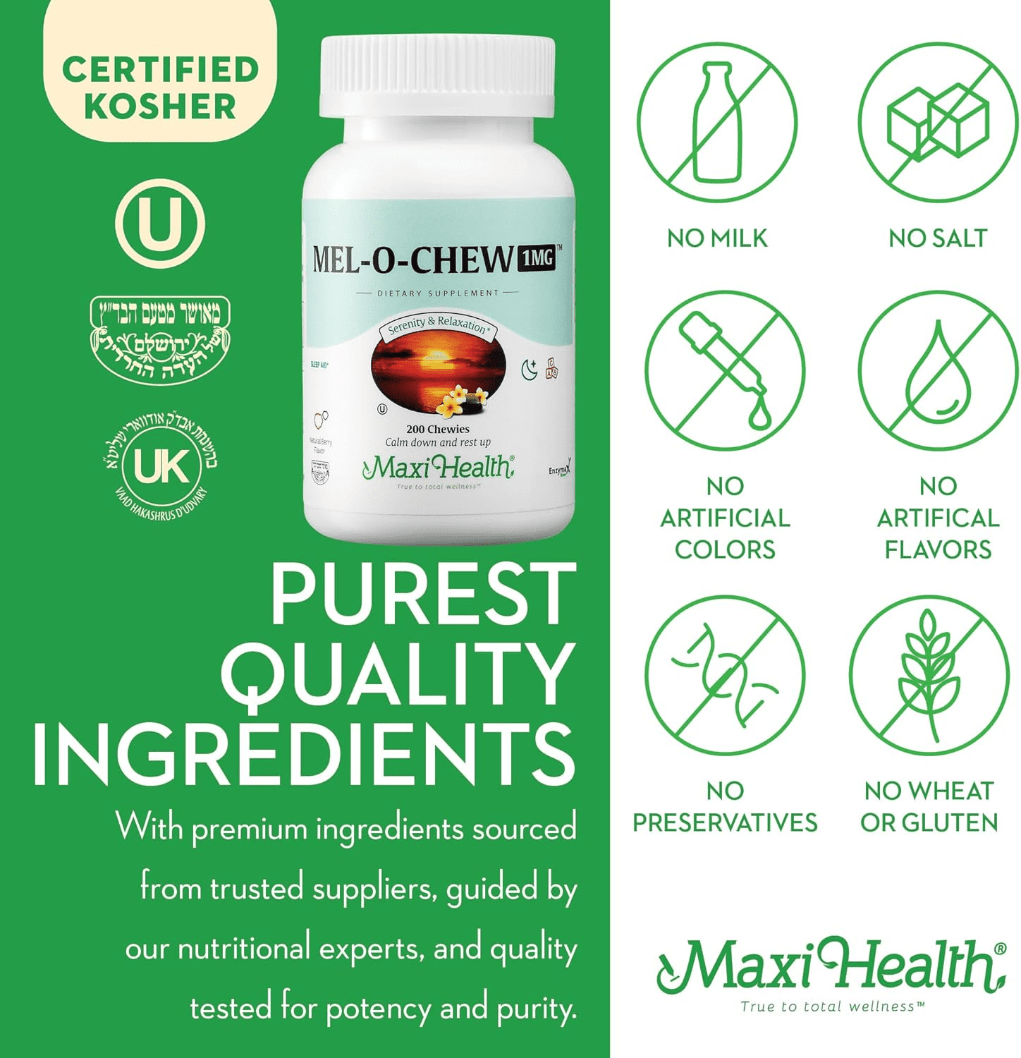 Maxi Health Mel-O Chew Melatonin 1mg Chewable Tablets for Adults & Teens – Berry Flavor – 200 Count