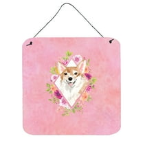 Carolines Treasures CK4243DS66 Corgi Pink Flowers Wall or Door Hanging Prints 6x6 multicolor