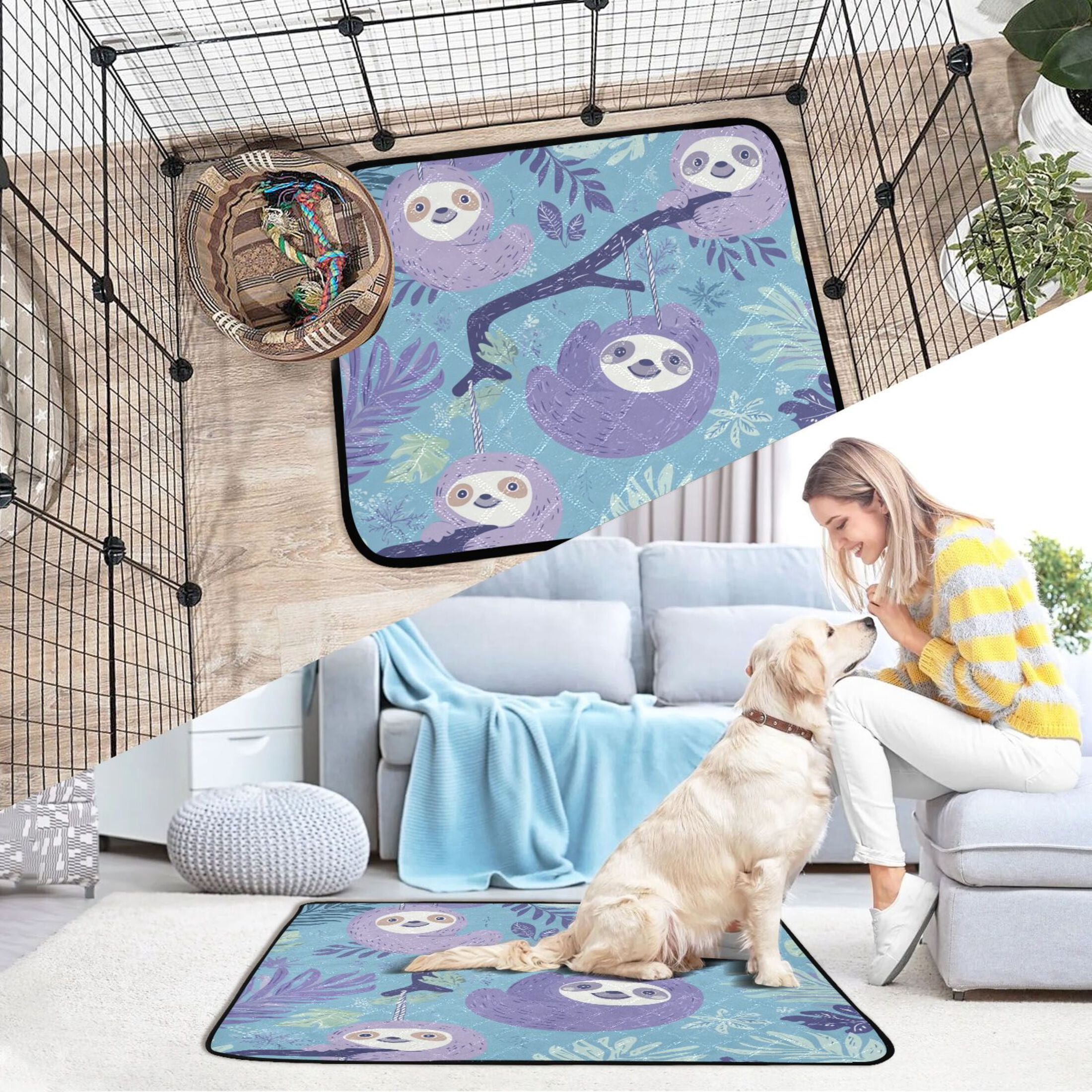 Qxltty Pattern with Sloth Hanging on Tree Branches Cat litter Pads Pet Set of 3 Diaper Mats Center Anti-leakage Layer Absorbent Soft and Comfortable
