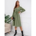 thumbnail image 2 of Solid Color V Neck Tie Waist Belted Dress for Women Knee Length, 2 of 3