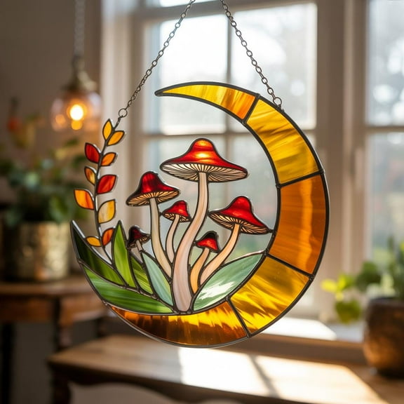 Mushroom on Moon Acrylic Suncatcher Cottagecore Fungi Window Hanging, Boho Witchy Home Ornament