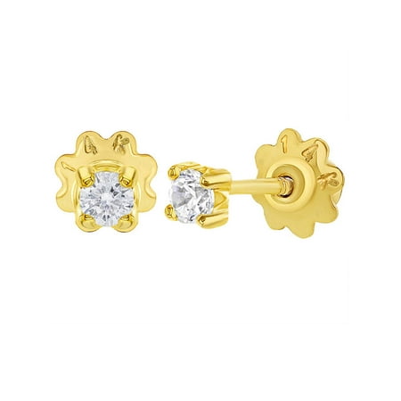 14k Yellow Gold Clear CZ Prong Set Screw Back Baby Toddlers Girls Earrings 3mm