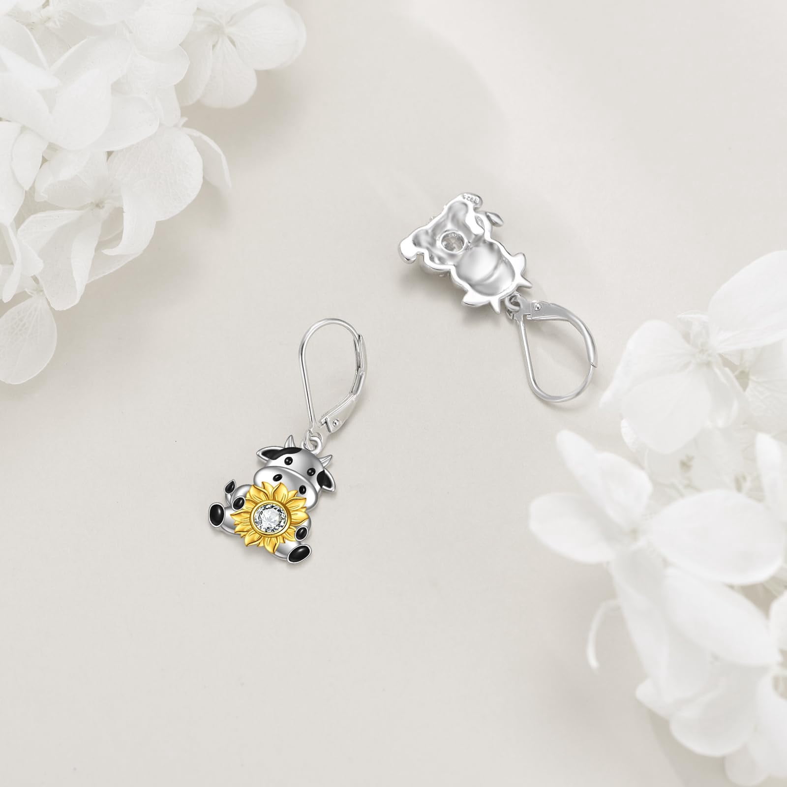 Cow Earrings Sterling Silver Sunflowers Lever Back Earrings Animal Jewelry for Woman Gifts (cow earring)