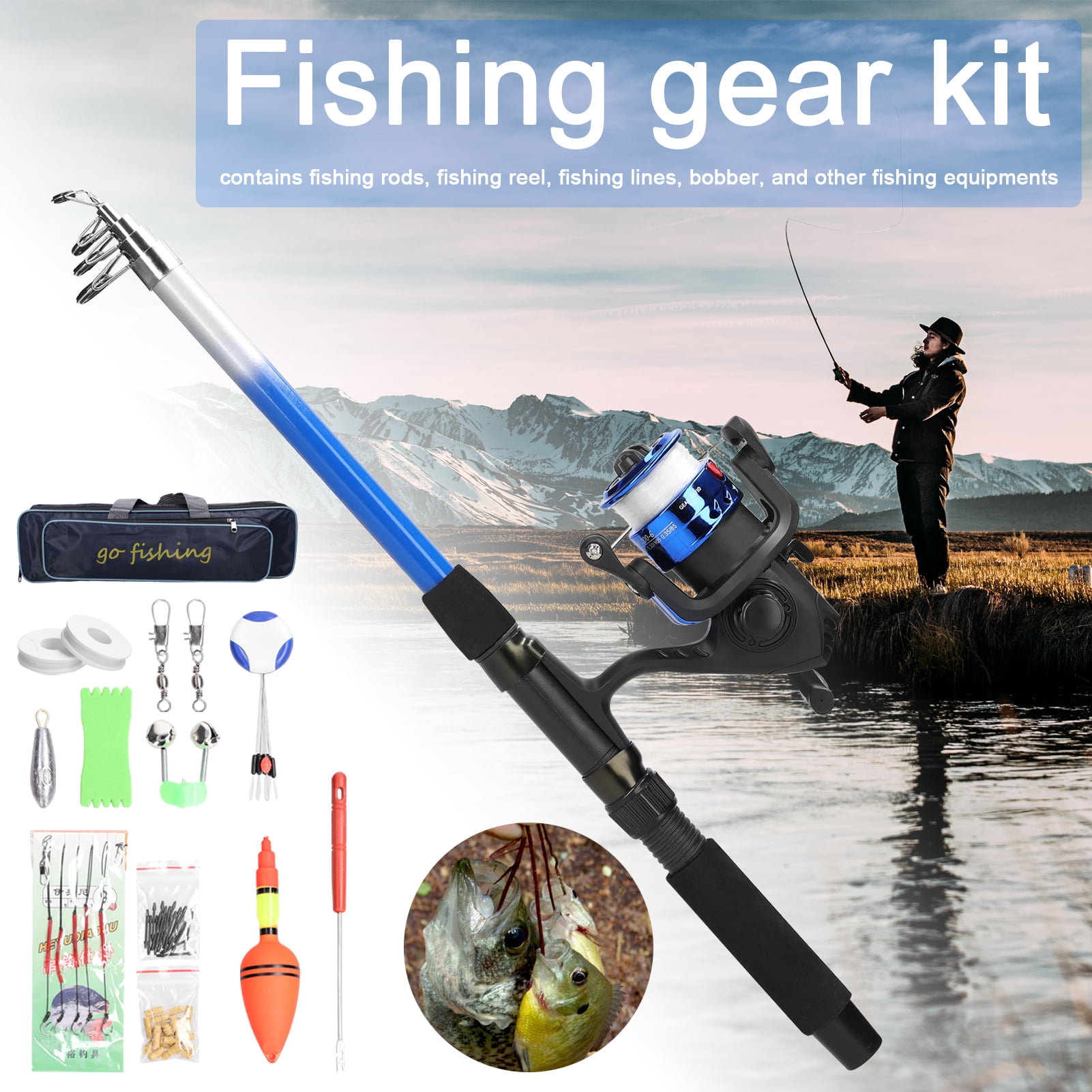 NFTIGB Portable Retractable Fishing Rod and Reel Combo Suit Complete Fishing Gear Accessory Bag Tool Set For Beginners Include Fishing Line Hooks Bobbers 19.69 inches / 50 cm