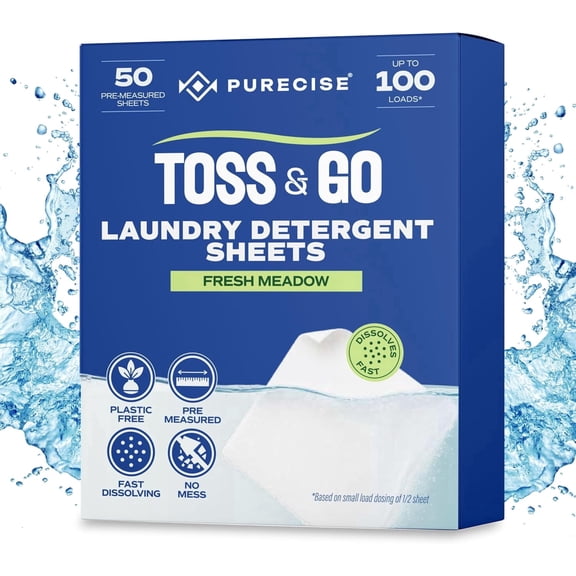 Purecise Toss & Go Laundry Detergent Sheets, 50 Count, Up to 100 Loads – Plant-Based, Plastic-Free, HE Compatible, Fresh Meadow Scent