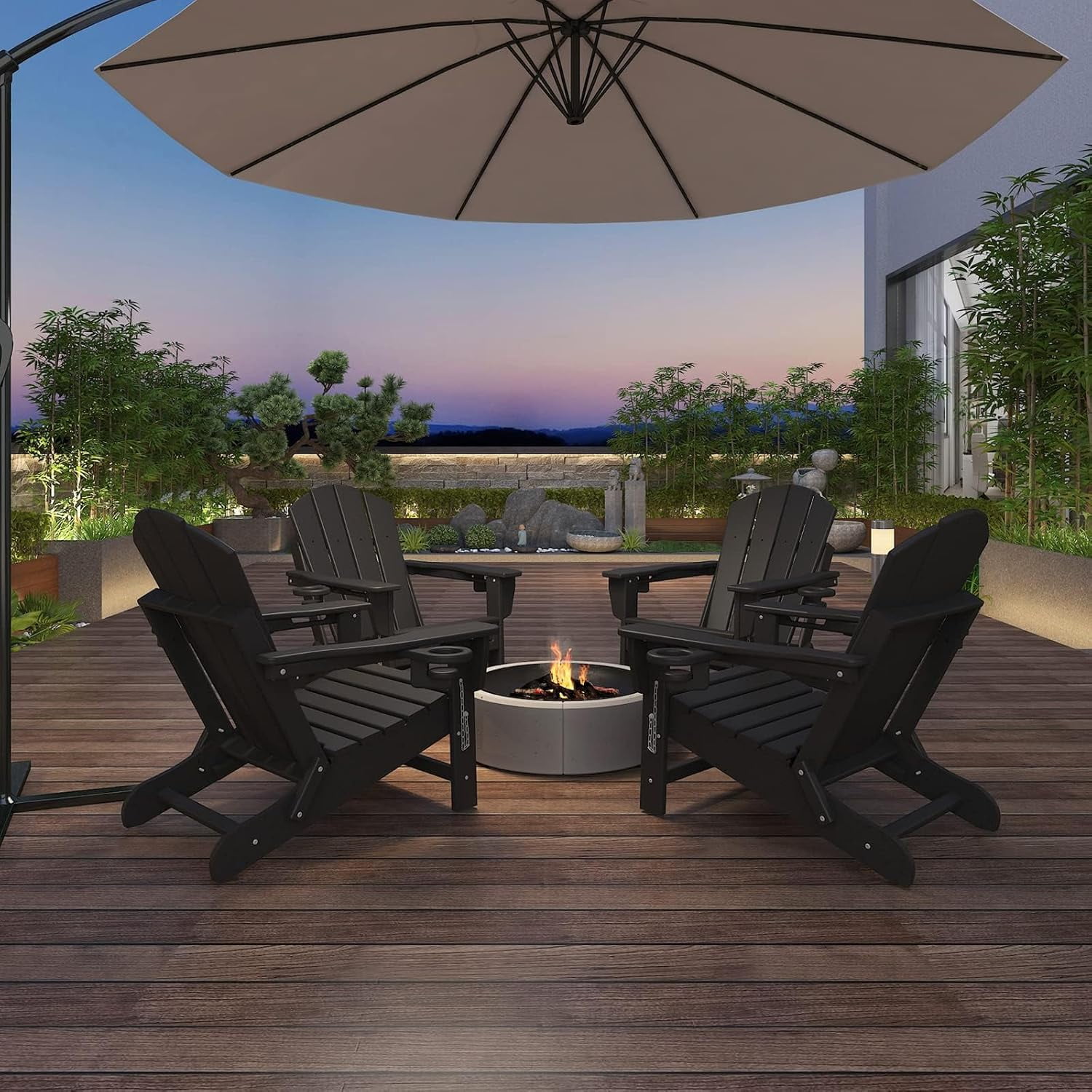 Erinnyees 3-Level Adjustable Adirondack Chair with Retractable Ottoman, HDPE All-Weather Folding Fire Pit Chair with 2 Cup Holders, Outdoor Chair for Deck Patio Garden Backyard Lawn