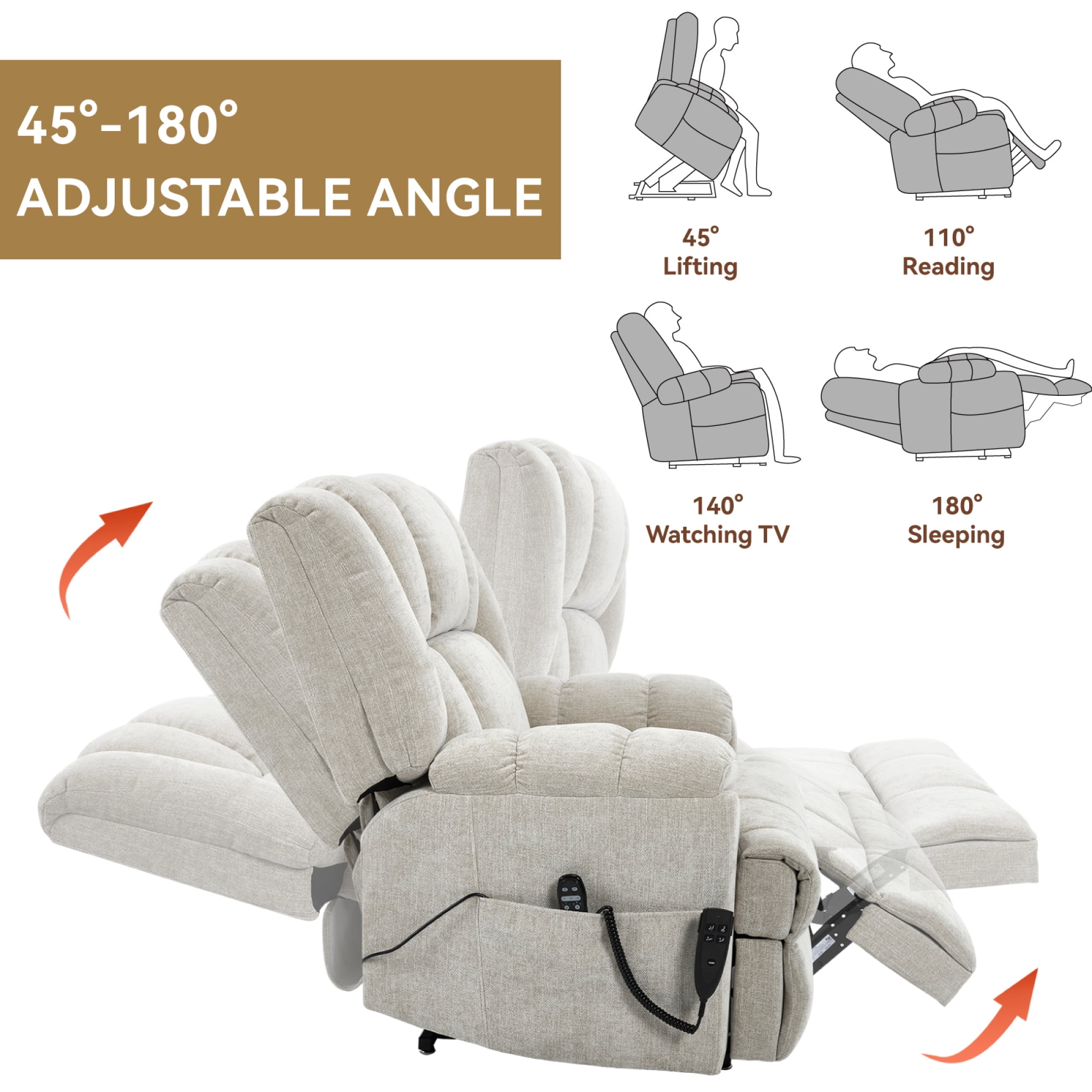 Leumius Large Power Lift Recliner Chair for Elderly,Heavy Duty Dual Motor Chenille Electric Recliners Chair with Massage and Heat for Living Room,Beige